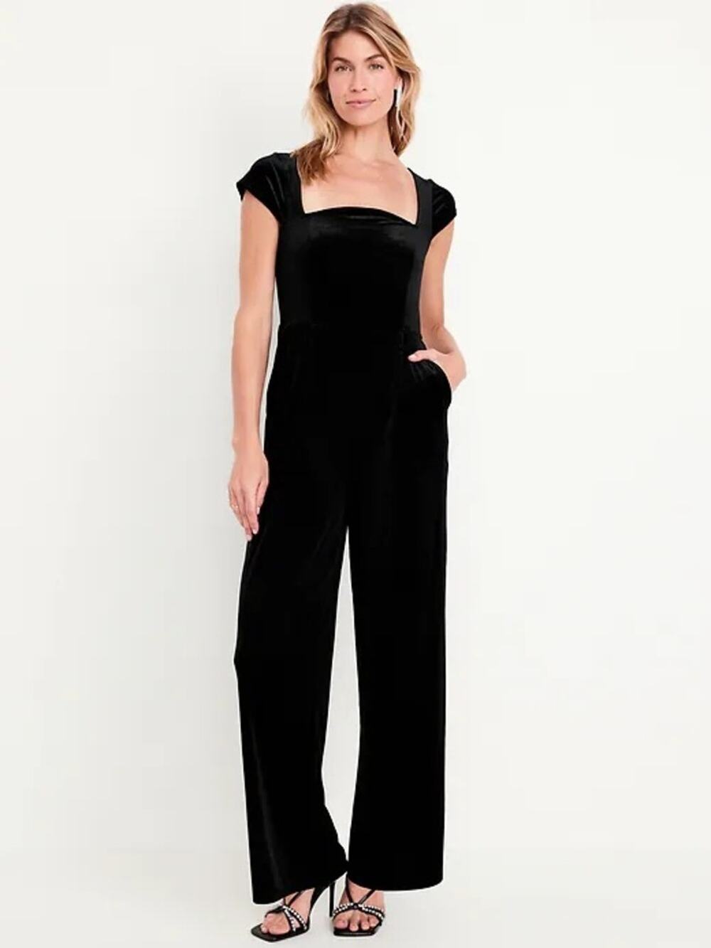 NWOT Old Navy fit and flare black velvet jumpsuit XL square neck